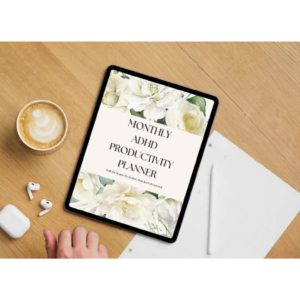 The Ultimate 34-Page ADHD Planner for Moms, a fillable digital PDF cover featuring a clean, shame-free design for neurodivergent organization.